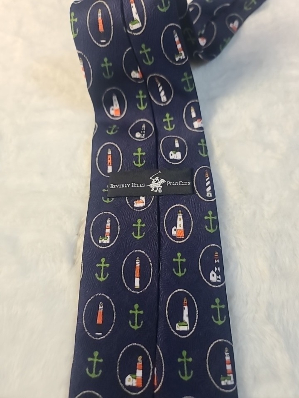 Beverly Hills Polo Club Navy Nautical Lighthouse & Anchor Silk Tie